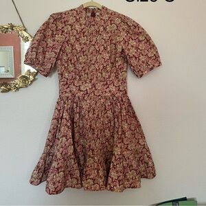 By Timo Floral Pleated High Neck Dress Puff Sleeve Pink Red mini